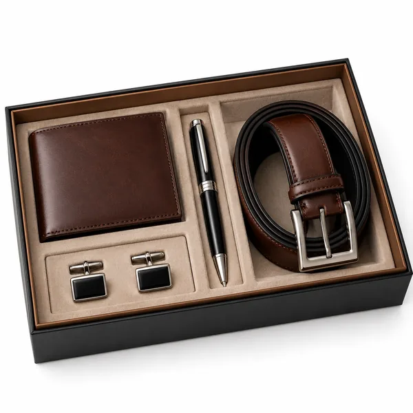 Gentleman’s Accessories Gift Set with a wallet, pen, cufflinks and belt in a presentation box